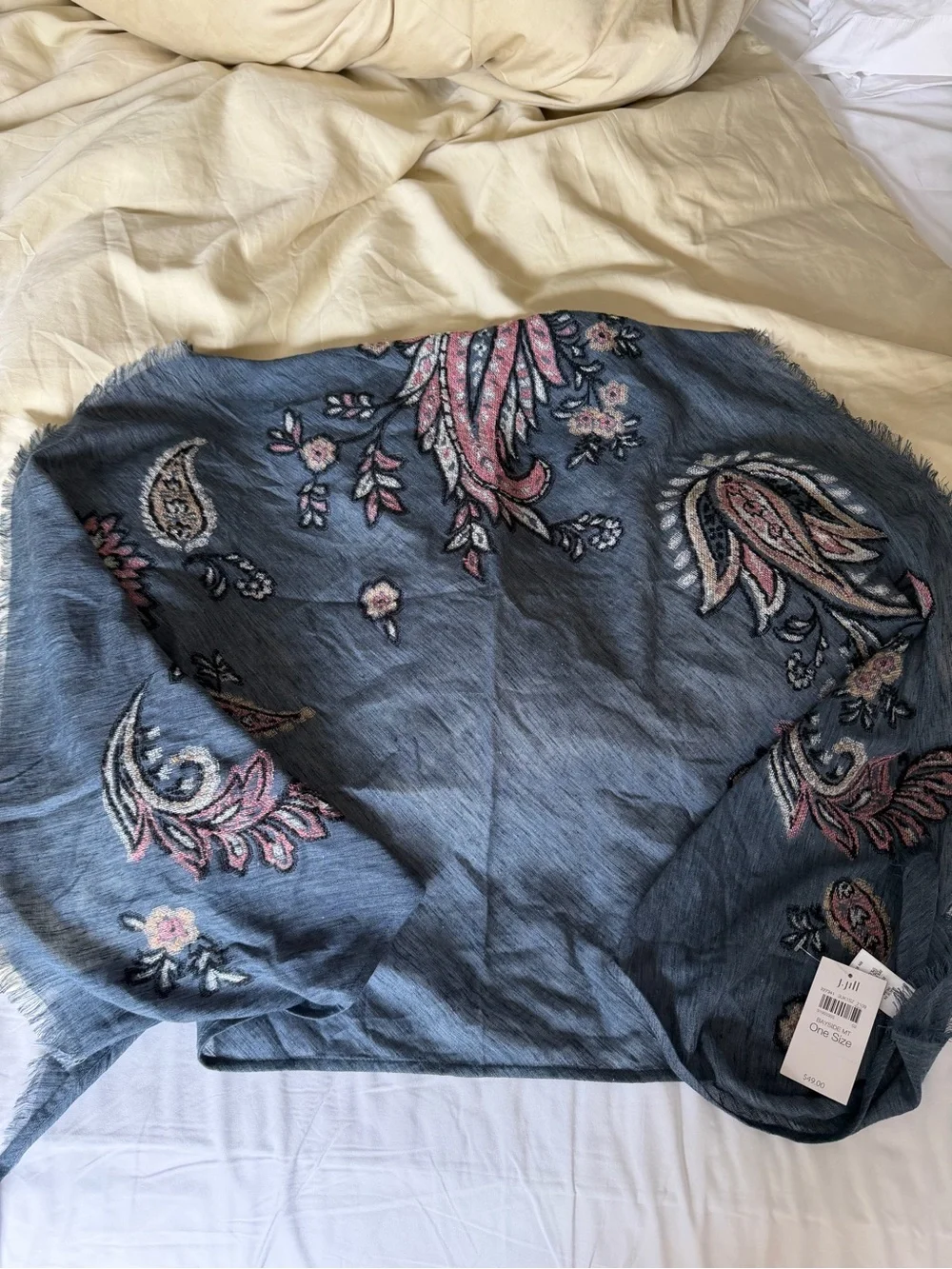 🗽NWT J. Jill Dusky Blue Embroidered Fringe Scarf